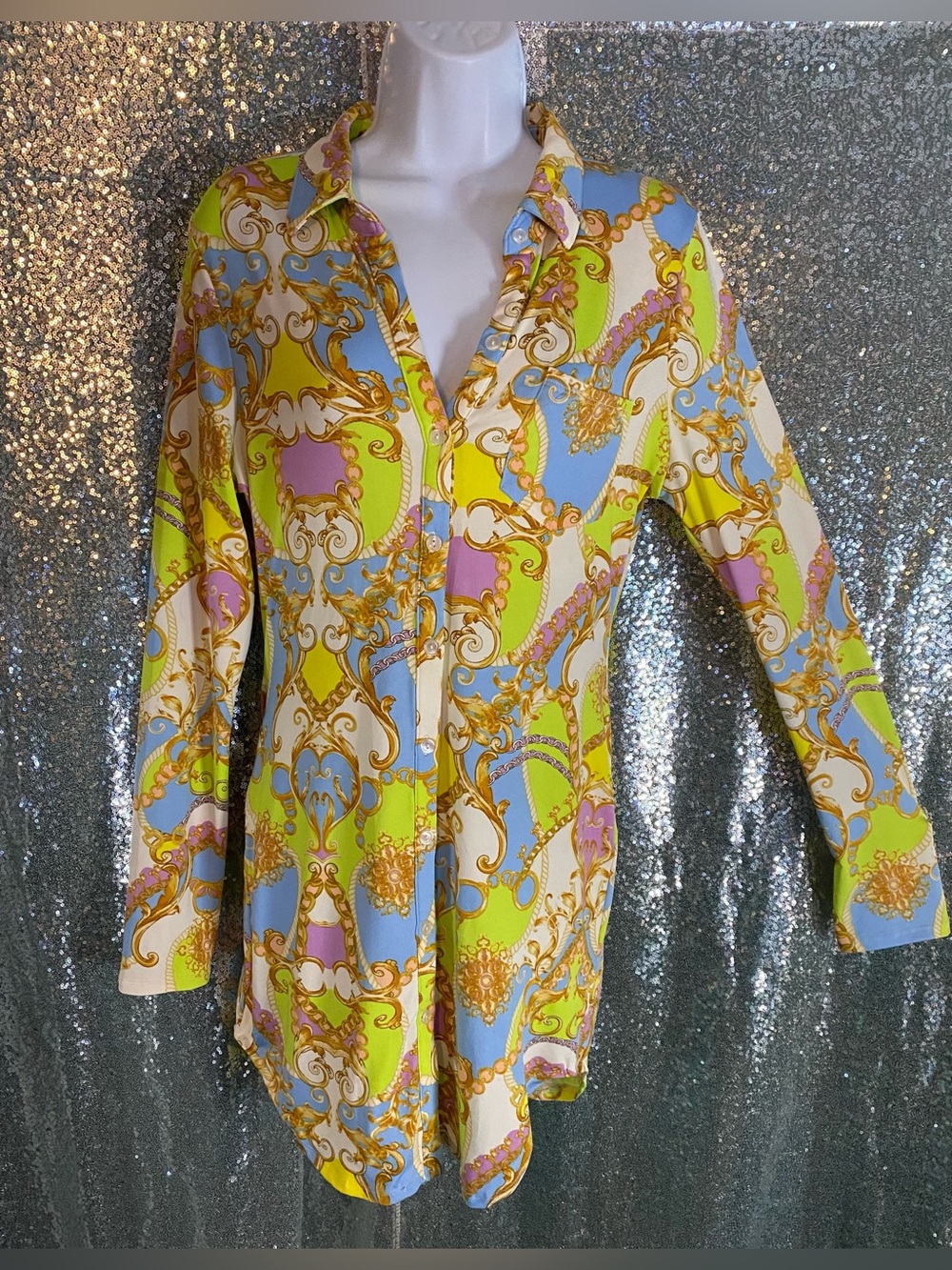 Julia by Love Baroque Chain Print Button Tunic Shirt Dress L Retro 70s